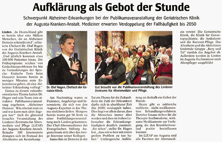 Zeitungsartikel zum Kliniktag 'Alzheimer Demenz'